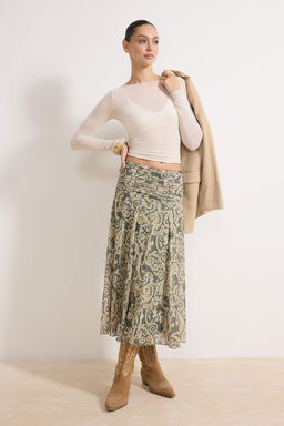 Haki Maxi Buzgu/Drape Detayl? Boho/Boho Chic Baskl?l? Tul Esnek Orme Etek TWOAW26ET00122