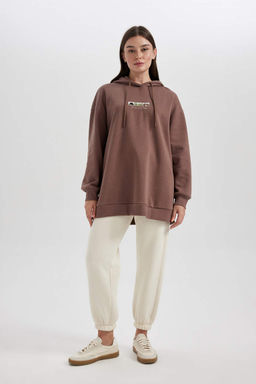 Плотный свитшот-туника с капюшоном и вышивкой обычного кроя - Defacto фото 2