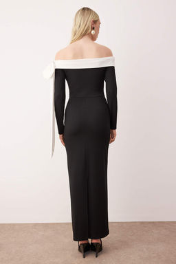 Siyah-Beyaz Fiyonk Detayl? Orme Krep Maxi Astars?z S?k/Gece Elbise TPRAW26EL00106 - Trendyolmilla фото 3