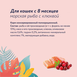 Упаковка 12 штук Корм консервированный полнорационный для взрослых кошек из морской рыбы с клюквой 22ел16 - Florida фото 4