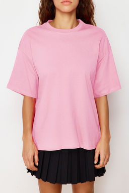 TRENDYOLMILLA Ekru %100 Pamuk Premium Oversize/Genis Kal?p Bisiklet Yaka Orme T-Shirt TWOSS23TS00040  фото 67