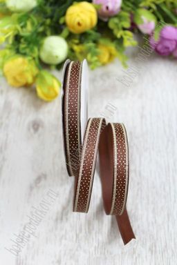 Лента репсовая 1 см*20 ярд "Горошек с полосками" SF-1294, темно-коричневый №32