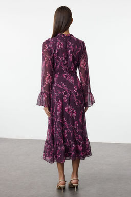TRENDYOLMILLA Mavi Cicek Desenli A Kesim Dik Yaka Midi Astarl? Sifon Dokuma K?sl?k Elbise TWOAW25EL00173  фото 5