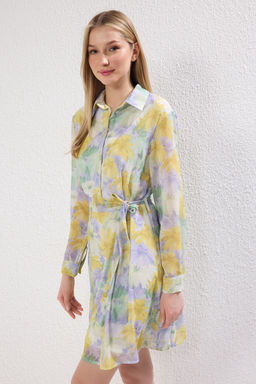 Mint Kusakl? Etegi Belden Ac?lan Cicekli Sifon Ucus Ucus Dokuma Mini Elbise TWOAW25EL00161