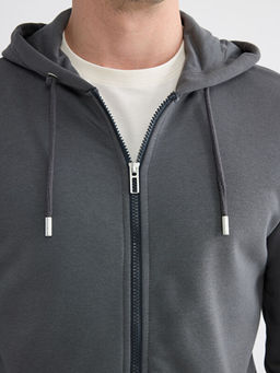 Standart Kal?p Kap??onlu Erkek Fermuarl? Sweatshirt
