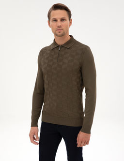 Koyu Haki Slim Fit Polo Yaka Fermuarl_ Triko Kazak