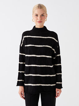 Yar?m Bal?k?? Yaka ?izgili Uzun Kollu Kad?n Triko Kazak