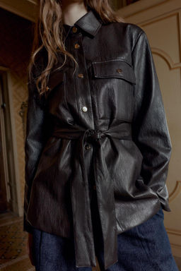 LONG FAUX LEATHER JACKET WITH BELT - Zara фото 3