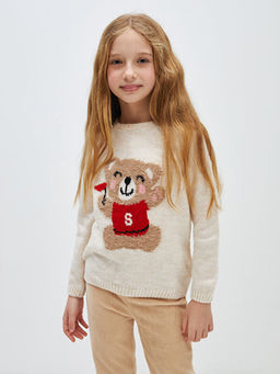 Bisiklet Yaka Desenli Uzun Kollu K?z ?ocuk Triko Kazak