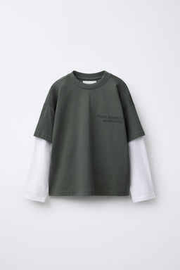 CAMISETA DOBLE MANGA TEXTO / Khaki - Zara фото 4