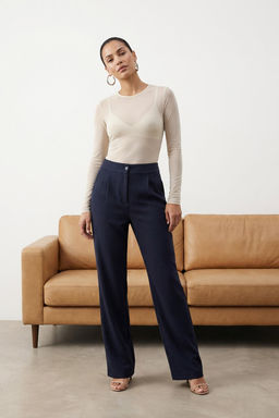 Lacivert Wide Leg/Genis Paca Dokuma Kumas Pantolon TWOAW22PL0139