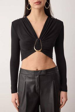 Siyah Toka Detayl? V Yaka Uzun Orme Sandy Party Bluz TPRAW26BZ00063 - Trendyolmilla фото 3