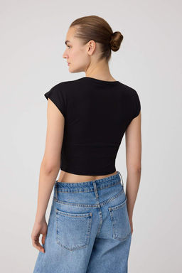 Siyah-Beyaz D_z Regular Bisiklet Yaka Ay Kol K_sa %100 Pamuk _rme T-Shirt TWOSS26TS00347 - Trendyolmilla фото 4