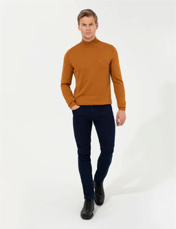 Kahverengi Slim Fit Yar_m Bal_k__ Yaka Basic Triko Kazak