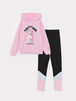 Kap??onlu Bask?l? Uzun Kollu K?z ?ocuk Sweatshirt ve Tayt