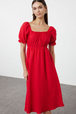 TRENDYOLMILLA K?rm?z? Belden Ac?lan Balon Kollu Midi Dokuma Elbise TWOSS22EL1768 фото 15