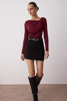 Bordo Fitted/Vucuda Oturan Asimetrik yaka Detayl? Yumusak Kumasl? Esnek Orme Bluz TWOAW26BZ00088