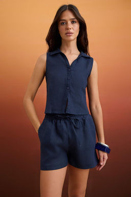 Lacivert %100 Keten Kolsuz Bluz TWOSS24BZ00417