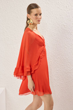 TRENDYOLMILLA Cok Renkli A-Kesim F?rf?rl? Astarl? Sifon Dokuma K?sa S?k Elbise TPRSS25EL00220  фото 7