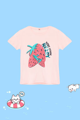 Pembe K?z Cocuk %100 Pamuk Cilek Desenli Regular/Normal Kal?p K?sa Kol Orme T-Shirt TKDSS24TS00007 - Trendyolmilla фото 2