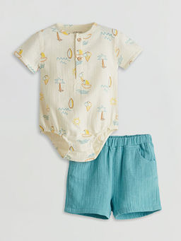 Bask?l? Erkek Bebek ??t??tl? Body ve ?ort 2li