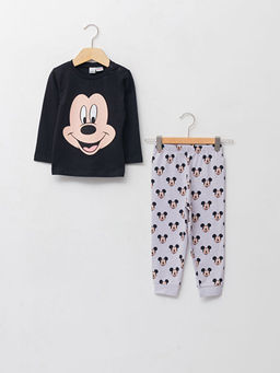 Bisiklet Yaka Uzun Kol Mickey Mouse Bask?l? Pamuklu Erkek Bebek Pijama Tak?m?