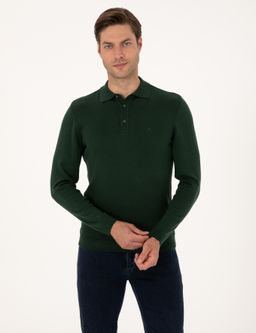 Koyu Ye_il Slim Fit Polo Yaka Basic Triko Kazak