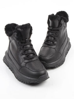 04-WG044-1M BLACK Кроссовки зимние женские (натуральная кожа, 100% шерсть)