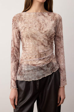 Ekru Soyut Animal Kay?k Yaka Asimetrik Detayl? Fitted/vucuda Oturan Orme Bluz TWOAW26BZ00128