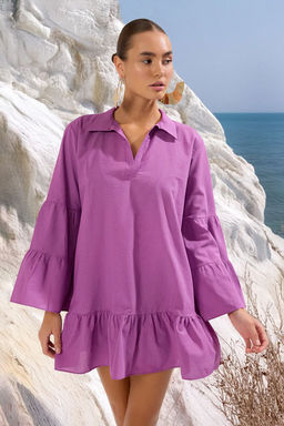 Mor Dokuma Volanl? %100 Pamuk Plaj Mini Elbise TBESS25EL00039
