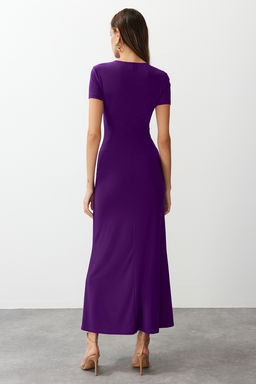 TRENDYOLMILLA Bordo K?sa Kol Vucuda Oturan Bisiklet Yaka Esnek Orme Maxi Kalem Elbise TWOSS24EL00097  фото 13