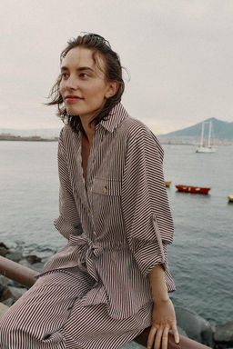 CAMISA SAFARI RAYAS / marron/blanco