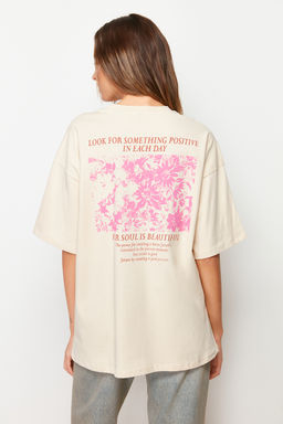 Premium Tas %100 Kal?n Pamuklu On ve Arka Bask?l? Oversize/Genis Kal?p Orme T-Shirt TWOSS23TS00269