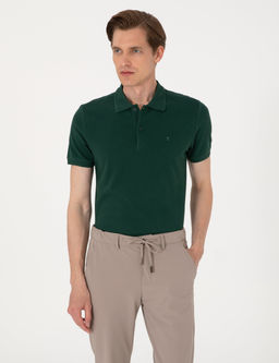 Koyu Ye_il Slim Fit %100 Pamuk Polo Yaka Basic Ti__rt