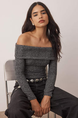 Antrasit Yumos Carmen Yaka Fitted/Vucuda Oturan Orme Bluz TWOAW26BZ00081