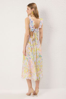 Lacivert Cicekli Etegi Belden Ac?lan F?rf?rl? Astarl? Sifon Midi Ucus Ucus Elbise TWOSS25EL00621 - Trendyolmilla фото 9