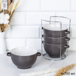 Тарелка глубокая суповая 4 штуки на подставке / RT-653 /уп 6/ Черный в крапинку С