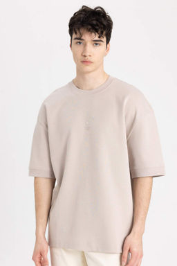 Loose Fit Bisiklet Yaka Bask?l? Ag?r Kumas K?sa Kollu Tisort - Defacto фото 2