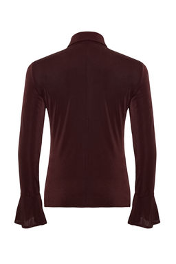 TRENDYOLMILLA Kahverengi Premium Parlak Yuzeyli ve Yumusak Dokulu Polo Yaka Dugmeli Orme Gomlek TWOAW24GO00194  фото 8