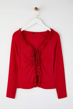 K?rm?z? Fitted/Vucuda Oturan Buzgu/F?rf?r Detayl? Uzun Kollu Esnek Orme Bluz TWOAW26BZ00162