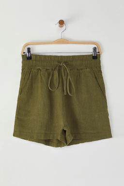 Haki %100 Keten Beli Lastikli Yuksek Bel Sort TWOSS26SR00019 - Trendyolmilla фото 5