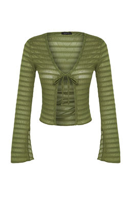 Trendyolmilla Ekru Premium Baglama Detayl? Dokulu V Yaka Esnek Orme Bluz TWOSS23BZ00796  фото 11