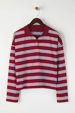 Bordo Cizgili Polo Yaka Oversize/Genis Kal?p Orme T-Shirt TWOAW26TS00020