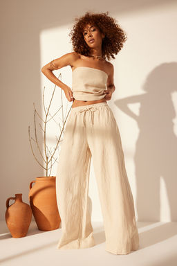 Bej %100 Keten Beli Lastikli Yuksek Bel Ekstra Wide Leg Pantolon TWOSS24JE00251 - Trendyolmilla фото 3