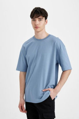 Oversize Genis Kal?p Bisiklet Yaka K?sa Kollu Basic Duz Ag?r Kumas Tisort