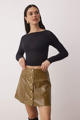 Yag Yesil Rugan Gold Dugmeli Mini Party Etek TPRAW26ET00019