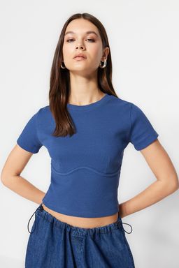 Trendyolmilla Beyaz Biye Detayl? Bisiklet Yaka Crop Fitilli Esnek Orme Bluz TWOAW21BZ0638 фото 23