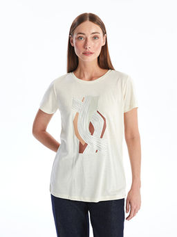 Bisiklet Yaka Bask?l? K?sa Kollu Kad?n Ti??rt