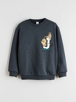 Bisiklet Yaka Bask?l? Erkek ?ocuk Sweatshirt