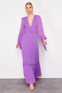 Mor A-Kesim Dokuma Sifon Uzun Gece Abiye Elbise TPRSS24AE00117 - Trendyolmilla фото 2